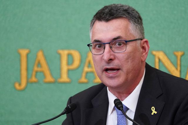 Israel's Foreign Minister Gideon Sa'ar speaks during a press conference at the Japan National Press Club in Tokyo on May 14, 2025. (Photo by Kazuhiro NOGI / AFP)