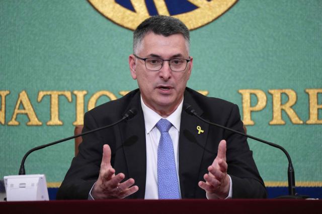 Israel's Foreign Minister Gideon Sa'ar speaks during a press conference at the Japan National Press Club in Tokyo on May 14, 2025. (Photo by Kazuhiro NOGI / AFP)