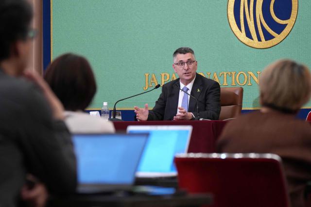 Israel's Foreign Minister Gideon Sa'ar speaks during a press conference at the Japan National Press Club in Tokyo on May 14, 2025. (Photo by Kazuhiro NOGI / AFP)