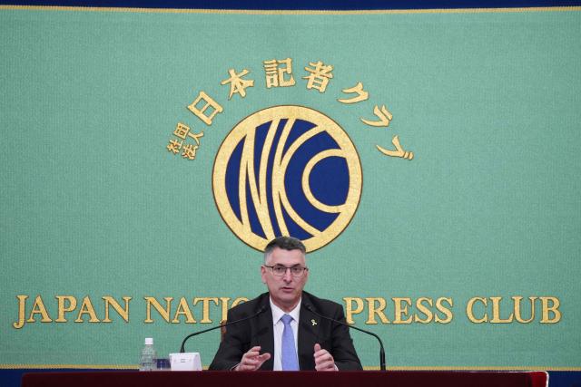 Israel's Foreign Minister Gideon Sa'ar speaks during a press conference at the Japan National Press Club in Tokyo on May 14, 2025. (Photo by Kazuhiro NOGI / AFP)