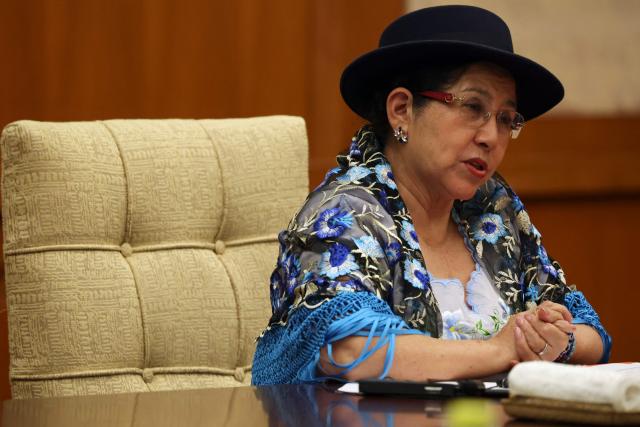 Bolivia's Foreign Minister Celinda Sosa Lunda attends a meeting with Chinese Foreign Minister Wang Yi at the Diaoyutai State Guesthouse in Beijing on May 14, 2025. (Photo by FLORENCE LO / POOL / AFP)