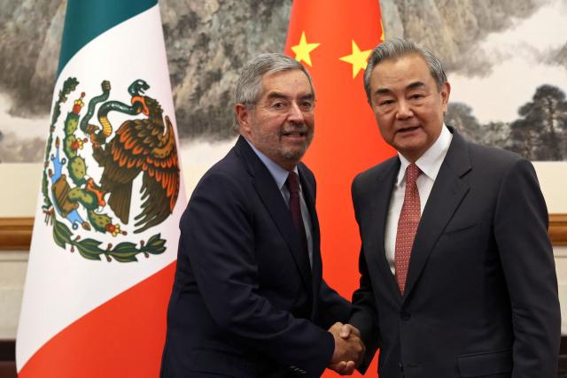 Chinese Foreign Minister Wang Yi (R) and Mexico Foreign Minister Juan Ramon de la Fuente shake hands before their meeting at the Diaoyutai State Guesthouse in Beijing on May 14, 2025. (Photo by FLORENCE LO / POOL / AFP)