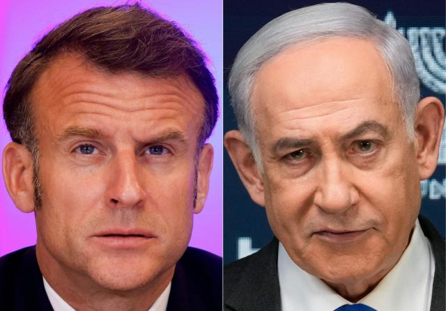 (COMBO) This combination of pictures created on May 14, 2025 shows France's President Emmanuel Macron (L) during a meeting of "the Coalition of the Willing" at the Mariynsky Palace in Kyiv on May 10, 2025, and Israeli Prime Minister Benjamin Netanyahu speaking during a news conference in Jerusalem on September 2, 2024. Israeli Prime Minister Benjamin Netanyahu on May 14, 2025 accused French President Emmanuel Macron of siding with a "murderous Islamist terrorist organisation" after Macron criticised Israel's blocking of aid to Gaza. (Photo by Ludovic MARIN and Ohad Zwigenberg / AFP)