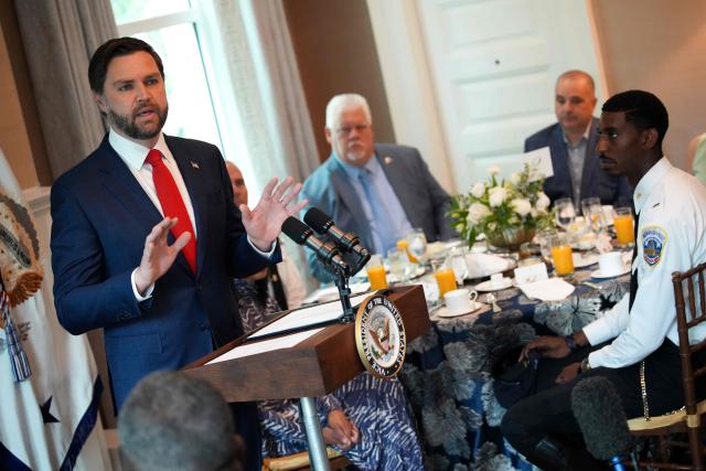 US Vice President JD Vance speaks during a breakfast with members of state and local law enforcement for National Police Week at the Vice President's Residence in the Naval Observatory in Washington, DC, on May 14, 2025. (Photo by Andrew Harnik / POOL / AFP)