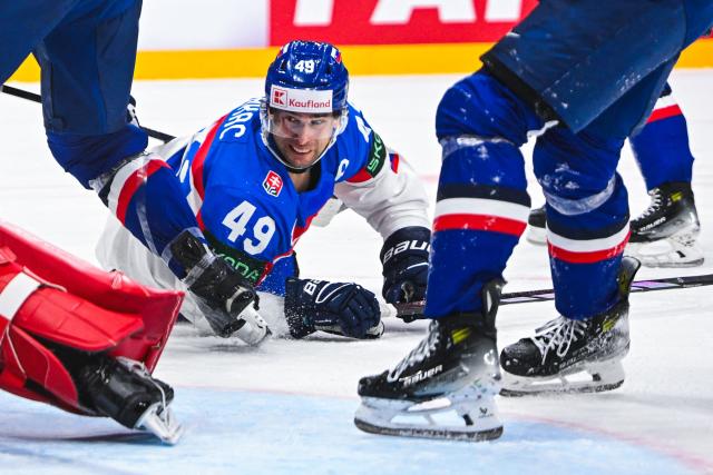 Slovakia’s forward #49 Samuel Takac on the ice during the IIHF Men's Ice hockey World Championship match between Slovakia and France in Stockholm, on May 14, 2025. (Photo by Jonathan NACKSTRAND / AFP)