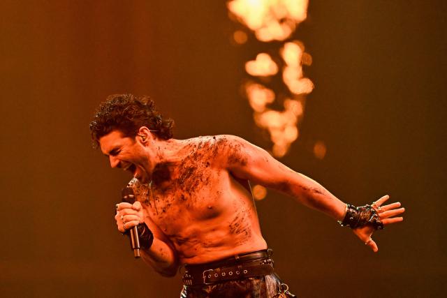 Armenian singer Parg, representing Armenia with the song “Survivor”, performs during the dress rehearsal for the final of the Eurovision Song Contest 2025 at the St. Jakobshalle arena in Basel on May 16, 2025.  (Photo by Fabrice COFFRINI / AFP)
