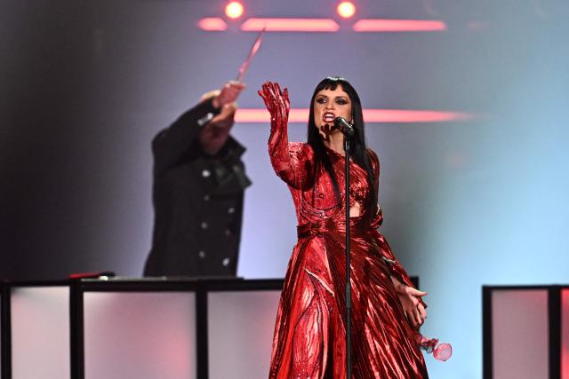 Albanian duo Shkodra Elektronike, representing Albania with the song “Zjerm”, performs during the dress rehearsal for the final of the Eurovision Song Contest 2025 at the St. Jakobshalle arena in Basel on May 16, 2025.  (Photo by Fabrice COFFRINI / AFP)