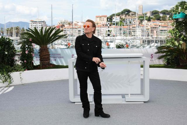 Irish singer of U2 Bono poses during a photocall for the film "Bono: Stories of Surrender" at the 78th edition of the Cannes Film Festival in Cannes, southern France, on May 17, 2025. (Photo by Sameer Al-Doumy / AFP)