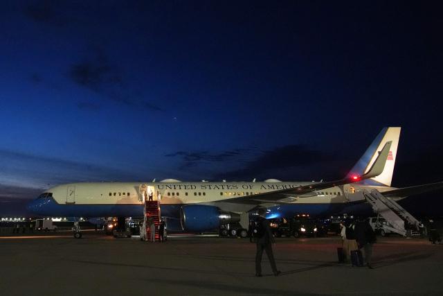 Air Force Two, with Vice President JD Vance already aboard, readies in the early morning hours at Joint Base Andrews, Md., Saturday, May 17, 2025, to fly to Rome where Vance will attend the inauguration of Pope Leo XIV at the Vatican. (Photo by Jacquelyn Martin / POOL / AFP)