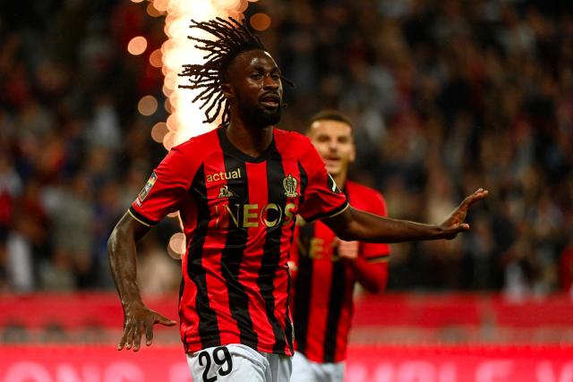 Nice's Ivorian forward #29 Evann Guessand celebrates after scoring a goal during the French L1 football match between OGC Nice and Stade Brestois 29 (Brest) at the Riviera Stadium in Nice, south-eastern France, on May 17, 2025.  (Photo by Sylvain THOMAS / AFP)