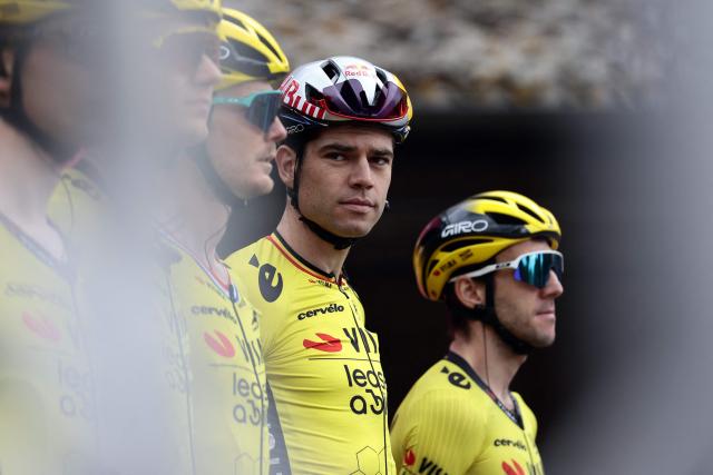 Team Visma-Lease a Bike's Belgian rider Wout Van Aert attends the ceremony held ahead of the start of the 9th stage of the 108th Giro d'Italia cycling race of 181kms from Gubbio to Siena on May 18, 2025. (Photo by Luca Bettini / AFP)