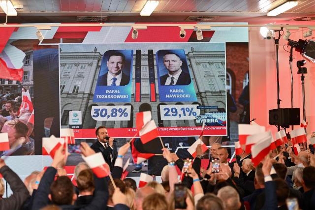 Supporters of Karol Nawrocki, Presidential candidate for the 2025 Polish presidential election supported by Poland's right-wing Law and Justice (PiS) party, react as first exit polls following Presidential elections are announced in Gdansk, on May 18, 2025. (Photo by Mateusz SLODKOWSKI / AFP)