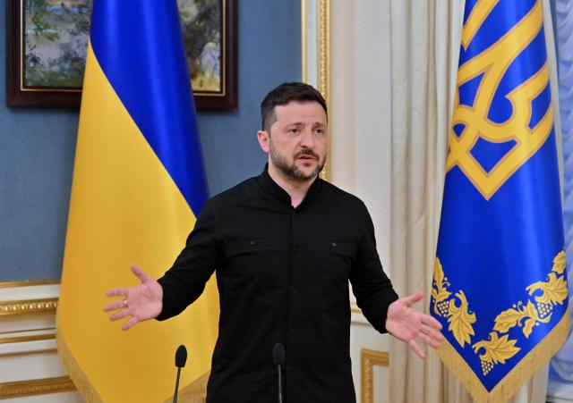 Ukraine's President Volodymyr Zelensky speaks to media during a press briefing after his phone talks with the US president, in Kyiv, on May 19, 2025, amid the Russian invasion on Ukraine. The United States has agreed to "tightly coordinate" Ukraine talks with European partners following a call between US President Donald Trump and his Russian counterpart Vladimir Putin, the German government said on May 19. Immediately after his conversation with Putin, Trump held a second call with Ukrainian President Volodymyr Zelensky, and the leaders of France, Finland, Germany, and the EU Commission. (Photo by Sergei SUPINSKY / AFP)