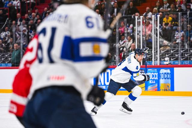 Finland’s defender #04 Mikko Lehtonen prepares to shoot during the IIHF Men's Ice hockey World Championship match between Canada and Finland in Stockholm, on May 19, 2025. (Photo by Jonathan NACKSTRAND / AFP)