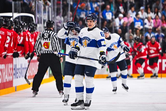 Finland’s forward #82 Harri Pesonen reacts after Canada’s forward #90 Ryan O’Reilly scored 1-0 during the IIHF Men's Ice hockey World Championship match between Canada and Finland in Stockholm, on May 19, 2025. (Photo by Jonathan NACKSTRAND / AFP)
