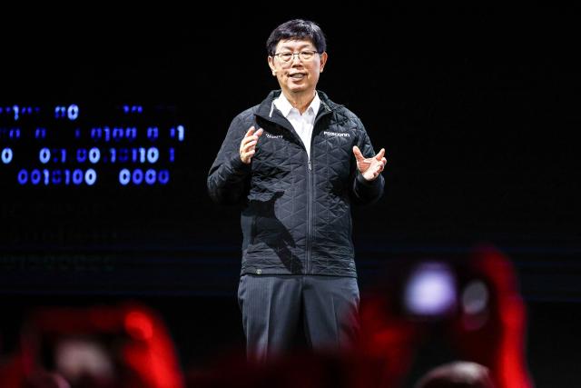 Foxconn Chairman Young Liu delivers his keynote speech for Computex 2025 at the Taipei Nangang Exhibition Center Hall in Taipei on May 20, 2025. (Photo by I-Hwa Cheng / AFP)