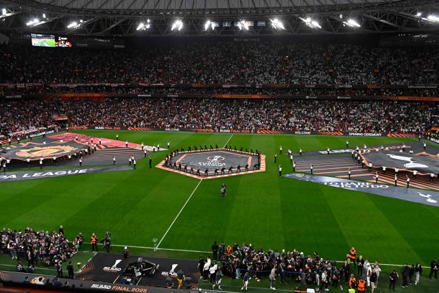 The pre-match show begins prior to the UEFA Europa League final football match between Tottenham Hotspur and Manchester United at the San Mames stadium in Bilbao on May 21, 2025. (Photo by ANDER GILLENEA / AFP)