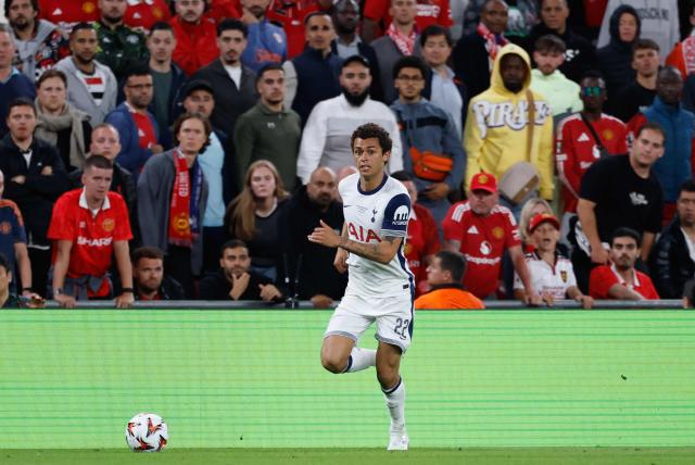 Tottenham Hotspur's Welsh forward #22 Brennan Johnson runs for the ball during the UEFA Europa League final football match between Tottenham Hotspur and Manchester United at San Mames stadium in Bilbao on May 21, 2025. (Photo by Thomas COEX / AFP)