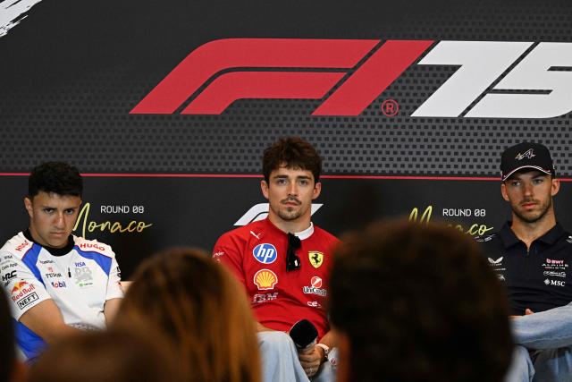 RB's French driver Isack Hadjar (L), Ferrari's Monegasque driver Charles Leclerc and Alpine's French driver Pierre Gasly (R) attend the drivers press conference at the Circuit de Monaco in Monaco, on May 22, 2025, ahead of the Formula One Monaco Grand Prix. (Photo by GABRIEL BOUYS / AFP)
