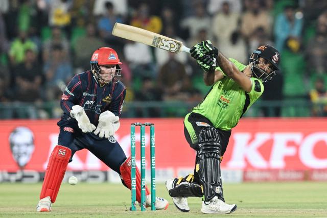 Lahore Qalandars' Fakhar Zaman plays a shot during the Pakistan Super League (PSL) Twenty20 cricket eliminator match between Lahore Qalandars and Karachi Kings at the Qaddafi Cricket Stadium in Lahore on May 22, 2025. (Photo by Aamir QURESHI / AFP)