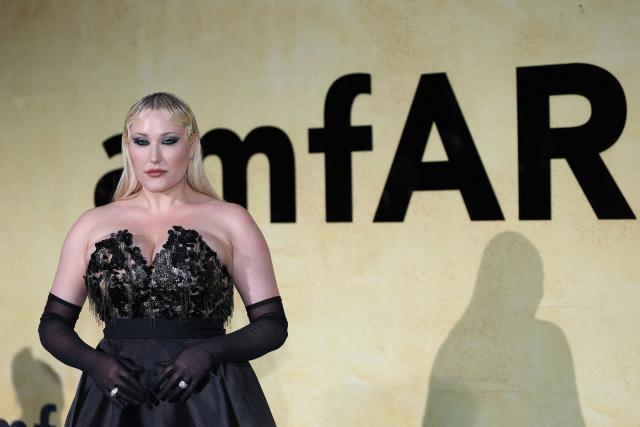 US model and actress Hayley Amber Hasselhoff arrives to attend the annual American Foundation for AIDS Research amfAR Gala Cannes 2025 at the Hotel du Cap-Eden-Roc in Cap d'Antibes, southern France, on the sidelines of the 78th Cannes Film Festival, on May 22, 2025. (Photo by Sameer AL-DOUMY / AFP)