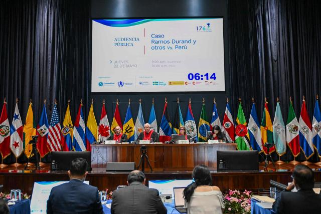 Inter-American Court of Human Rights judges attend a hearing in the case against Peru for the forced sterilization of a woman in 1997, which resulted in her death, in Guatemala City on May 22, 2025. (Photo by JOHAN ORDONEZ / AFP)