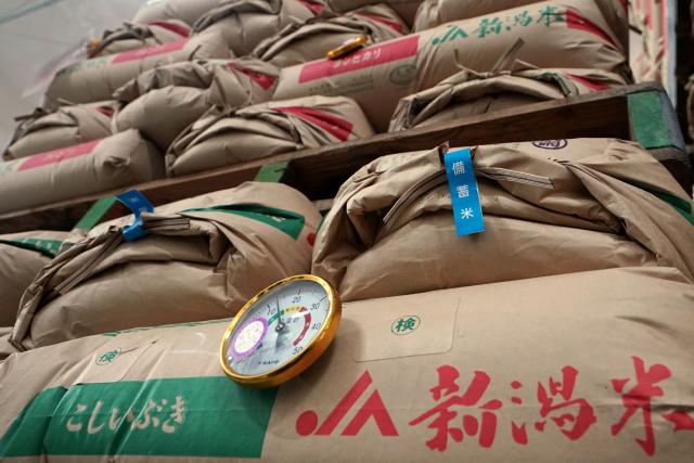 (FILES) This photo taken on March 7, 2025 shows government stockpiled rice in a warehouse in Kanagawa prefecture. Japan's core inflation rate accelerated in April to 3.5 percent as rice prices almost doubled year-on-year, official data showed on May 23. (Photo by Kazuhiro NOGI / AFP)
