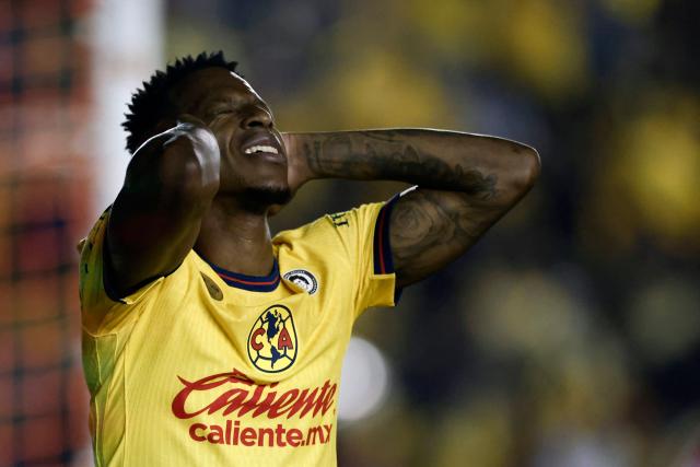 America's Colombian defender #26 Cristian Borja reacts after missing a chance to score during the Liga MX Clausura tournament final first leg football match between America and Toluca at Ciudad de los Deportes stadium in Mexico City on May 22, 2025. (Photo by Rodrigo Oropeza / AFP)
