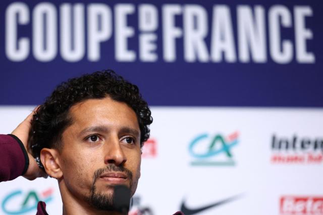 Paris Saint-Germain's Brazilian defender #05 Marquinhos looks on during a presse conference in Poissy, west of Paris, on May 23, 2025, the day before the French Cup final football match against Stade de Reims. PSG will play the French Cup final football match against Stade de Reims on May 24, 2025 and Champions League's against Inter Milan on May 31, 2025. (Photo by FRANCK FIFE / AFP)