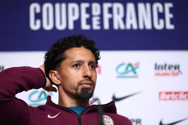 Paris Saint-Germain's Brazilian defender #05 Marquinhos looks on during a presse conference in Poissy, west of Paris, on May 23, 2025, the day before the French Cup final football match against Stade de Reims. PSG will play the French Cup final football match against Stade de Reims on May 24, 2025 and Champions League's against Inter Milan on May 31, 2025. (Photo by FRANCK FIFE / AFP)