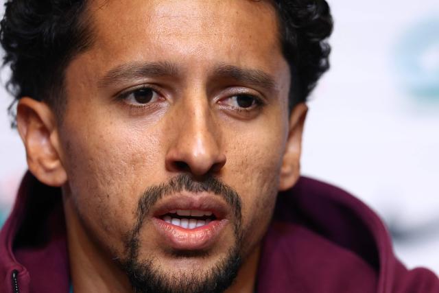 Paris Saint-Germain's Brazilian defender #05 Marquinhos speaks to the media during a presse conference in Poissy, west of Paris, on May 23, 2025, the day before the French Cup final football match against Stade de Reims. PSG will play the French Cup final football match against Stade de Reims on May 24, 2025 and Champions League's against Inter Milan on May 31, 2025. (Photo by Franck FIFE / AFP)