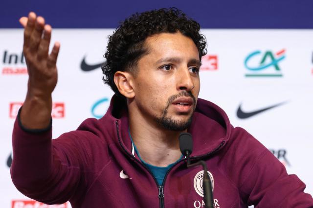 Paris Saint-Germain's Brazilian defender #05 Marquinhos gestures during a press conference in Poissy, west of Paris, on May 23, 2025, the day before the French Cup final football match against Stade de Reims. PSG will play the French Cup final football match against Stade de Reims on May 24, 2025 and Champions League's against Inter Milan on May 31, 2025. (Photo by Franck FIFE / AFP)