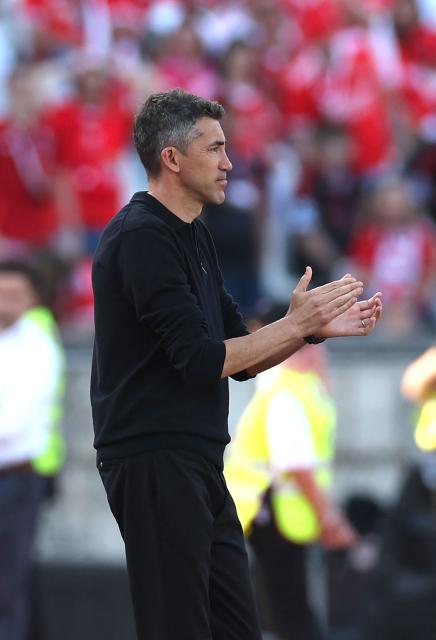 Benfica's Portuguese coach Bruno Lage gestures on the touchline during the 'Taca de Portugal' (Portugal's Cup) final football match between SL Benfica and Sporting CP at Jamor stadium in Oeiras, on May 25, 2025. (Photo by CARLOS COSTA / AFP)