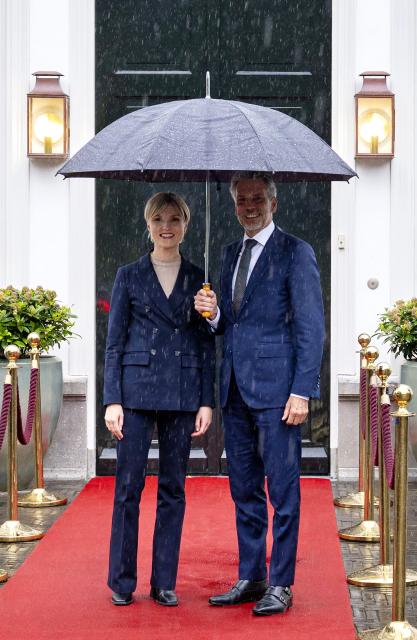 Netherlands' Prime Minister Dick Schoof (R) greets Iceland's Prime Minister Kristrun Frostadottir upon her arrival for a meeting at the Catshuis in The Hague on May 27, 2025. (Photo by Lina Selg / ANP / AFP) / Netherlands OUT