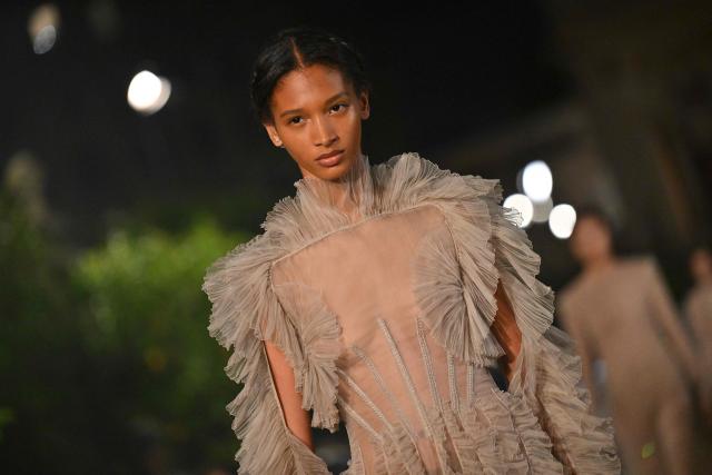 A model walks the runway during the Dior Women Cruise 26 fashion collection show at Villa Albani Torlonia, in Rome on May 27, 2025. (Photo by Andreas SOLARO / AFP)