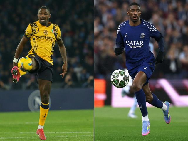 (COMBO) This combination of pictures created on May 28, 2025 shows
Inter Milan's French forward #09 Marcus Thuram (L) at the Diego Armando Maradona stadium in Naples on March 01, 2025 and Paris Saint-Germain's French forward #10 Ousmane Dembele in Birmingham, central England on April 15, 2025.. It has taken almost 15 years of huge spending by their Qatari owners and an overdue shift away from signing glamorous superstars, but Paris Saint-Germain go into the May 31, 2025 Champions League final against Inter Milan as favourites to finally win the coveted trophy for the first time. (Photo by CARLO HERMANN and FRANCK FIFE / AFP)