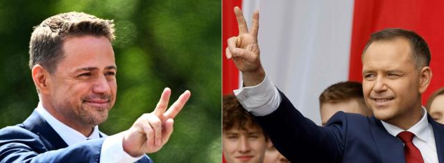 (COMBO) This combination of file photos created on May 28, 2025 shows (L) Poland's presidential candidate Rafal Trzaskowski, who also is mayor of Warsaw and member of the ruling centrist Civic Coalition party, flashing a victory sign during a campaign rally in Warsaw on May 25, 2025, and (R) Poland's presidential candidate Karol Nawrocki flashing the victory sign during a campaign rally in Warsaw on May 25, 2025, a week ahead of the second round of presidential elections. A large water park has pride of place in the heart of Polish village Kleszczow -- an apparent sign of the prosperity of the area known as "the Polish Kuwait". But residents worry these riches will come to an end. That was a chief concern when they overwhelmingly voted for the far-right in round one of the presidential election this month. The far-right is now playing kingmaker ahead of the June 1 runoff, which will pit pro-EU Warsaw mayor Rafal Trzaskowski against nationalist historian Karol Nawrocki. (Photo by Sergei GAPON and Wojtek RADWANSKI / AFP)