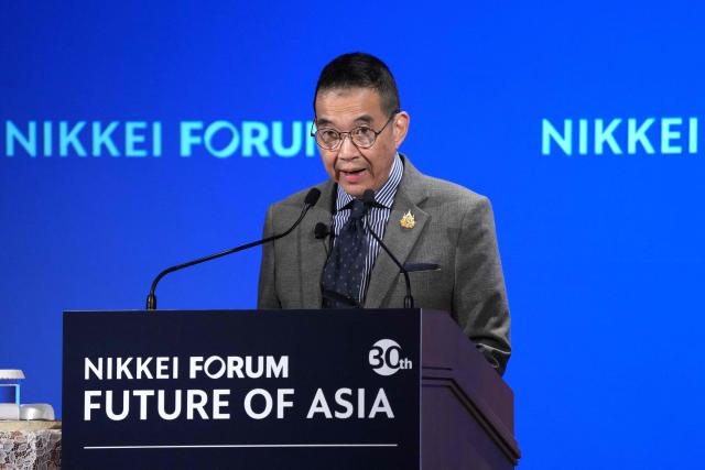 Thailand's Foreign Minister Maris Sangiampongsa delivers a speech during the Nikkei Forum 30th Future of Asia in Tokyo on May 29, 2025. (Photo by Kazuhiro NOGI / AFP)