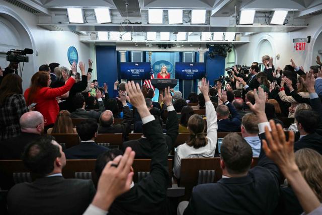 TOPSHOT - White House Press Secretary Karoline Leavitt takes questions during the daily briefing in the Brady Briefing Room of the White House in Washington, DC, on May 29, 2025. (Photo by Jim WATSON / AFP)