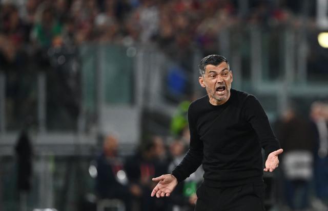 (FILES) AC Milan Portuguese head coach Sergio Conceicao reacts during the Italian Cup (Coppa Italia) final football match between AC Milan and Bologna at the Olympic stadium in Rome, on May 14, 2025. AC Milan announced on May 29, 2025that they were terminating the contract of their Portuguese coach Sergio Conceicao, who joined the club last December and led them to an eighth-placed finish in Serie A. (Photo by Isabella BONOTTO / AFP)