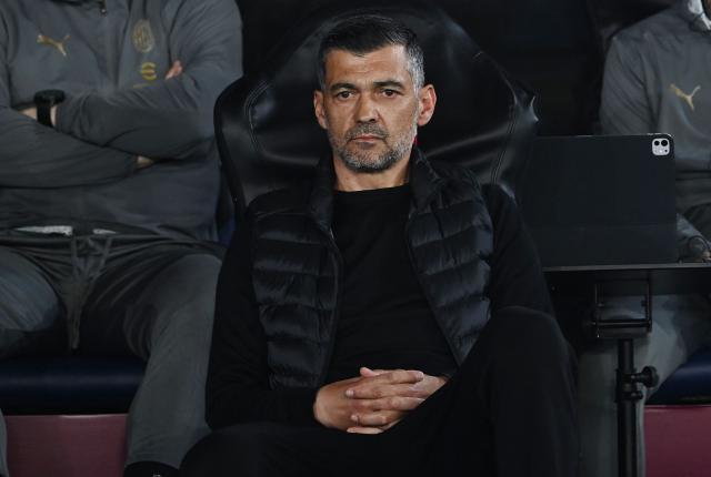 (FILES) AC Milan Portuguese head coach Sergio Conceicao sits on the bench prior the Italian Cup (Coppa Italia) final football match between AC Milan and Bologna at the Olympic stadium in Rome, on May 14, 2025. AC Milan announced on May 29, 2025that they were terminating the contract of their Portuguese coach Sergio Conceicao, who joined the club last December and led them to an eighth-placed finish in Serie A. (Photo by Isabella BONOTTO / AFP)