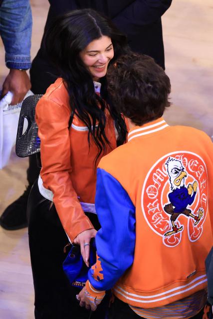 US socialite Kylie Jenner (L) celebrates with her boyfriend US-French actor Timothee Chalamet (R) at the end of Game Five of the Eastern Conference Finals of the 2025 NBA Playoffs between the New York Knicks and the Indiana Pacers at Madison Square Garden in New York on May 29, 2025. (Photo by CHARLY TRIBALLEAU / AFP)
