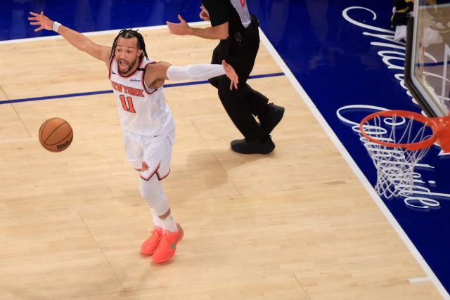 Knicks' point guard #11 Jalen Brunson reacts during Game Five of the Eastern Conference Finals of the 2025 NBA Playoffs between the New York Knicks and the Indiana Pacers at Madison Square Garden in New York on May 29, 2025. (Photo by CHARLY TRIBALLEAU / AFP)