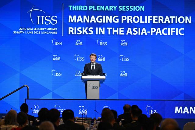 Netherlands' Defence Minister Ruben Brekelmans delivers an address during the Shangri-La Dialogue Summit in Singapore on May 31, 2025. (Photo by MOHD RASFAN / AFP)