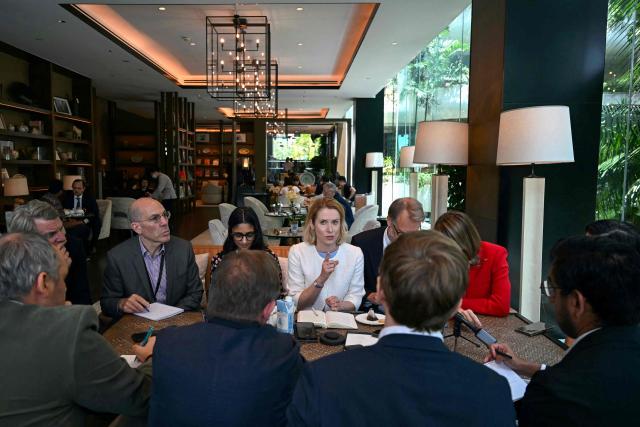 Kaja Kallas (C), the European Union's high representative for foreign affairs and security policy and vice president of the European Commission, takes part in a press conference with other European Union officials at the Shangri-La Dialogue Summit in Singapore on May 31, 2025. (Photo by MOHD RASFAN / AFP)