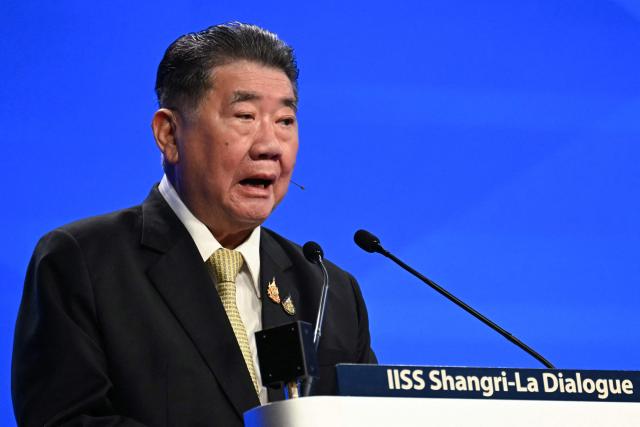 Thailand's Minister of Defence Phumtham Wechayachai delivers a speech during the fifth plenary session at the Shangri-La Dialogue Summit in Singapore on June 1, 2025. (Photo by MOHD RASFAN / AFP)
