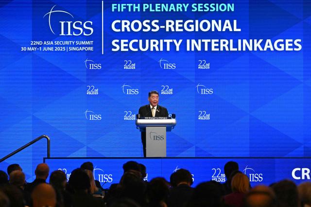Thailand's Minister of Defence Phumtham Wechayachai delivers a speech during the fifth plenary session at the Shangri-La Dialogue Summit in Singapore on June 1, 2025. (Photo by MOHD RASFAN / AFP)