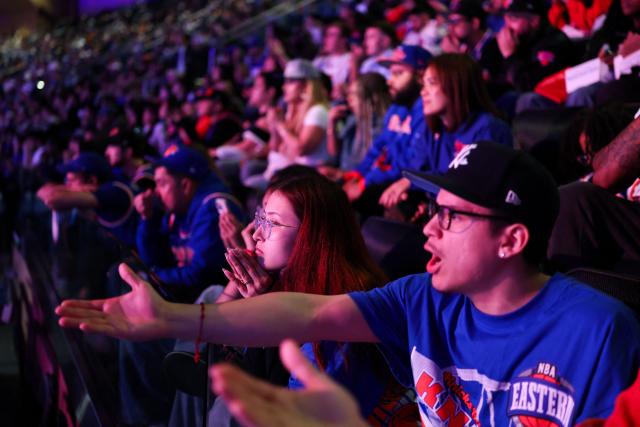 Supporters attend a watch party during Game Six of the Eastern Conference Finals of the 2025 NBA Playoffs between the New York Knicks and the Indiana Pacers at Madison Square Garden in New York on May 31, 2025. (Photo by CHARLY TRIBALLEAU / AFP)