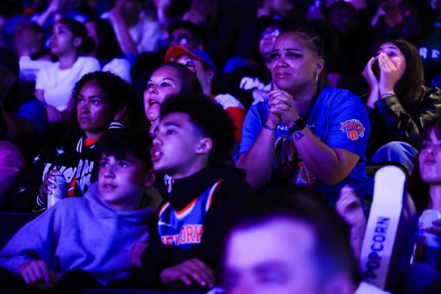 Supporters attend a watch party during Game Six of the Eastern Conference Finals of the 2025 NBA Playoffs between the New York Knicks and the Indiana Pacers at Madison Square Garden in New York on May 31, 2025. (Photo by CHARLY TRIBALLEAU / AFP)
