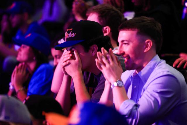 Supporters attend a watch party during Game Six of the Eastern Conference Finals of the 2025 NBA Playoffs between the New York Knicks and the Indiana Pacers at Madison Square Garden in New York on May 31, 2025. (Photo by CHARLY TRIBALLEAU / AFP)